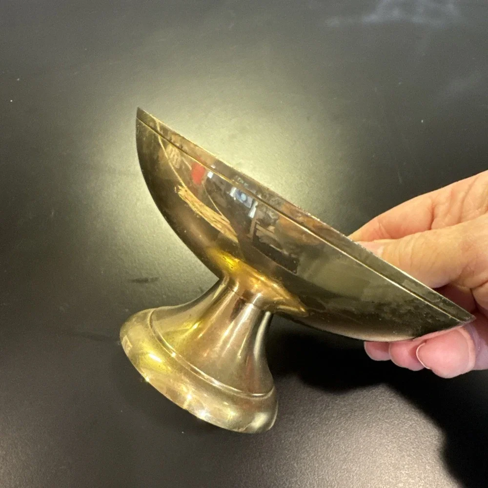 Vintage‎ Brass Pedestal Bowl Enamel w/ Flowers 5